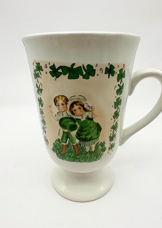 White Mug with Irish Couple  3 Leaf Clovers  Recipe for Irish Coffee