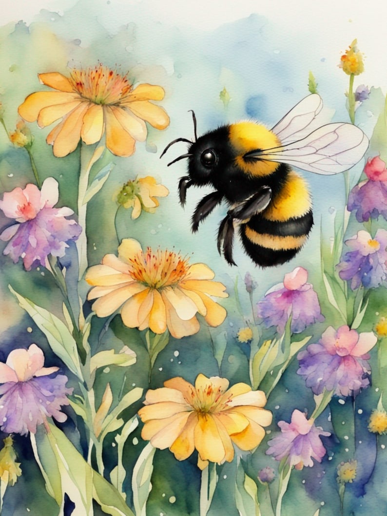 May include: A watercolor painting of a bumblebee flying near yellow and purple flowers. The bumblebee has black and yellow stripes and is in focus. The flowers are out of focus and the background is a light blue watercolor wash.