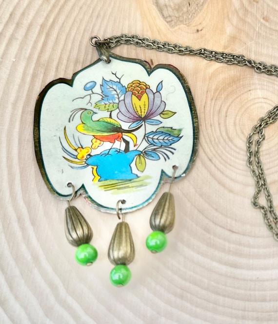 Vintage Bird Flower Tin Pendant Necklace, Recycled  Tin, Dahmer English Jewelry