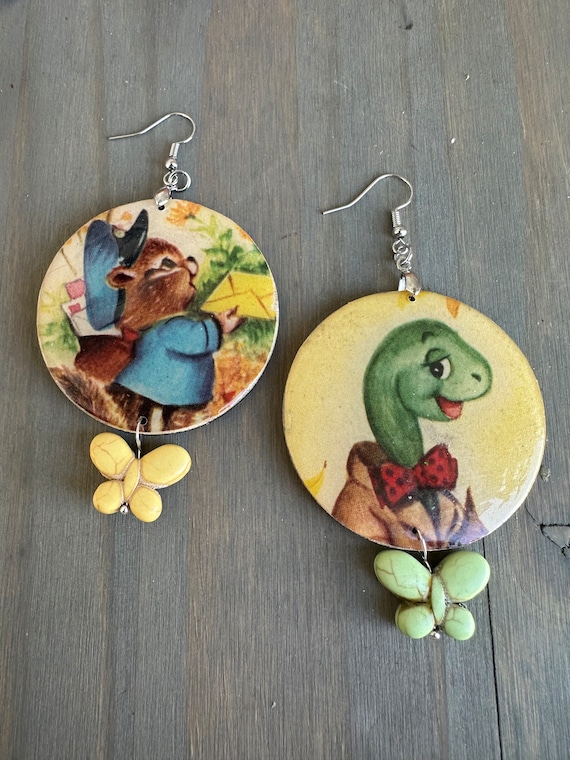 Adorable Vintage Children’s book Wood Earrings /spring/chipmunk/turtle