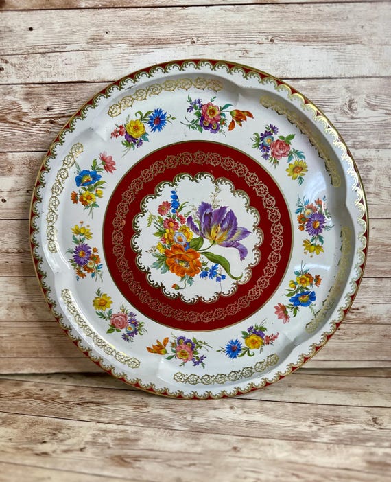 Vintage Daher Decorated Ware Floral Round Metal Tin Serving Tray-Made In England