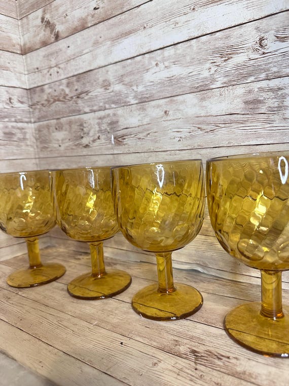 Vintage Hoffman House Thumbprint Swirl Glass Yellow Amber Goblet Set Of 4