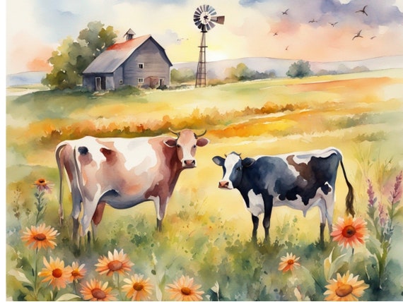 Watercolor Cows Decoupage Paper - Barn Field - Wildflowers - Rice Paper Tissue - Farmhouse Rustic - Countryside Art - Furniture DIY A4