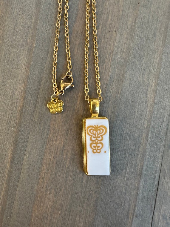 Correlle Butterfly Gold Jewelry Handmade Broken China Upcycled Repurposed Necklace