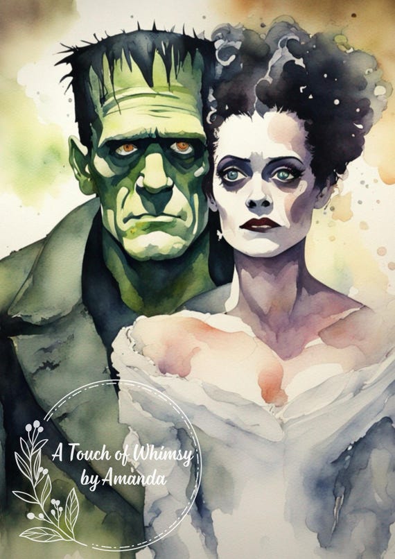 Watercolor Frankenstein & Bride Portrait Decoupage Paper (A4 Rice Paper)