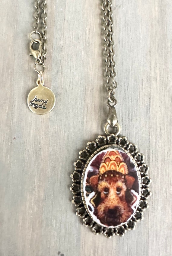 Vintage Santa Paws Christmas dog plate broken china Terrier pendant necklace