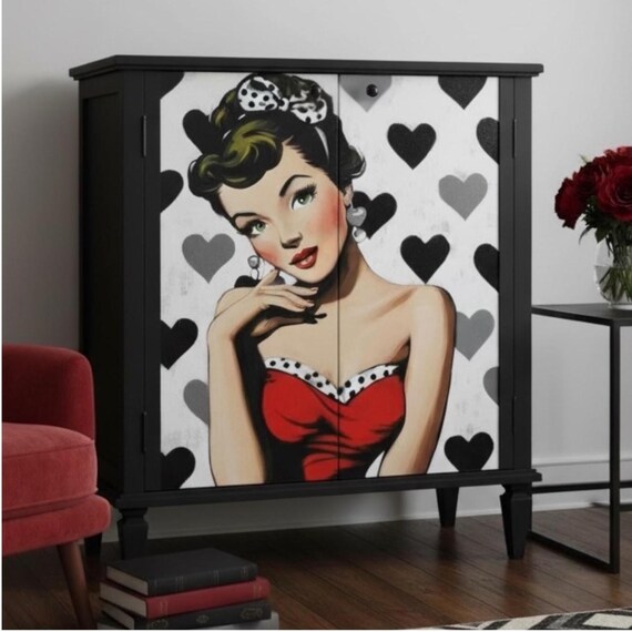 Pin Up Girl 1950s Vintage Art Print in Red Dress on Black Heart Polka Dot Background l Decoupage Tissue and A4 Rice Paper