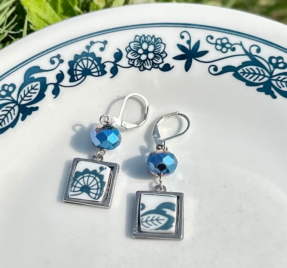 Old Town Blue Jewelry, Repurposed Corelle Earrings, Broken China, Stainless Steel