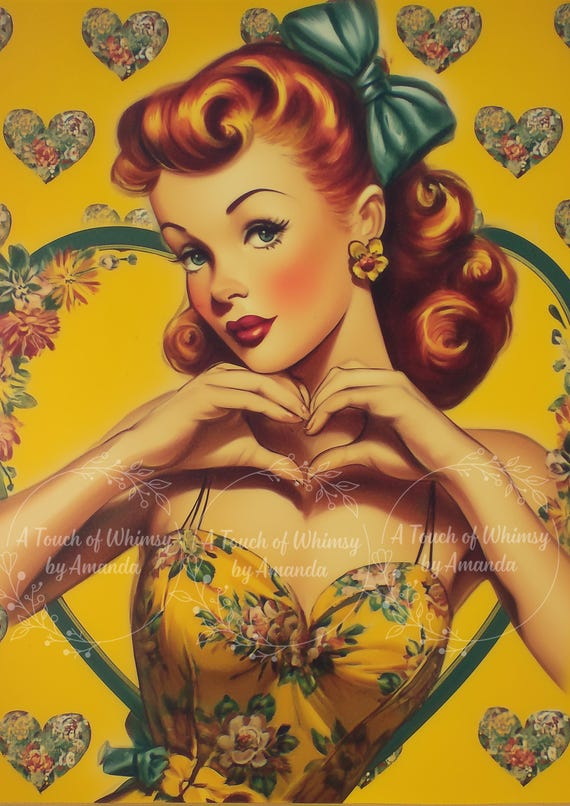 Pin Up Girl 1950s Vintage Art Print Floral Dress Love Valentine Heart Background l Decoupage Tissue and A4 Rice Paper