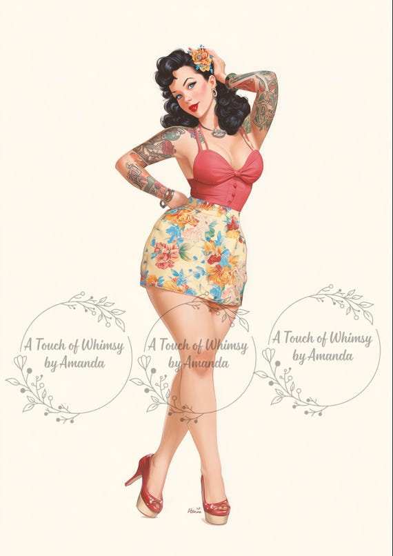 Retro Curvy Tattooed Pin Up Girl 1950s Vintage Art Print Floral Skirt Background l Decoupage Tissue and A4 Rice Paper