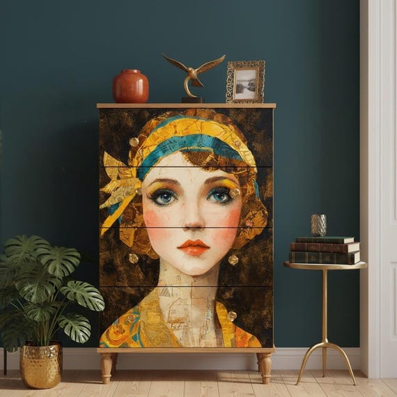 Flapper Woman Art Print, 1920s Mixed Media Art, Gold Metallic Accents, Art Deco Wall Decor, Feather Headband Roaring 20s Vintage Poster