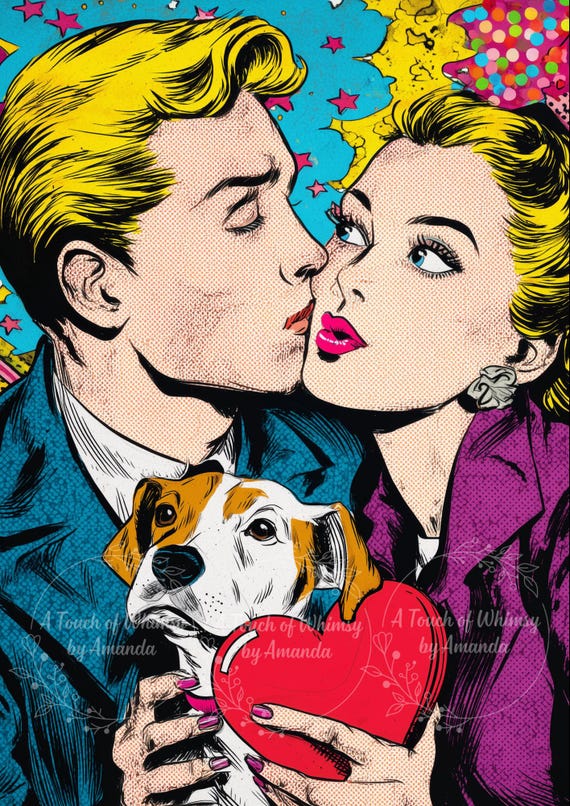 Pop Art Couple and Dog with Heart in Bold Primary Colors Valentine Wall Art Decoupage Tissue and A4 Rice Paper