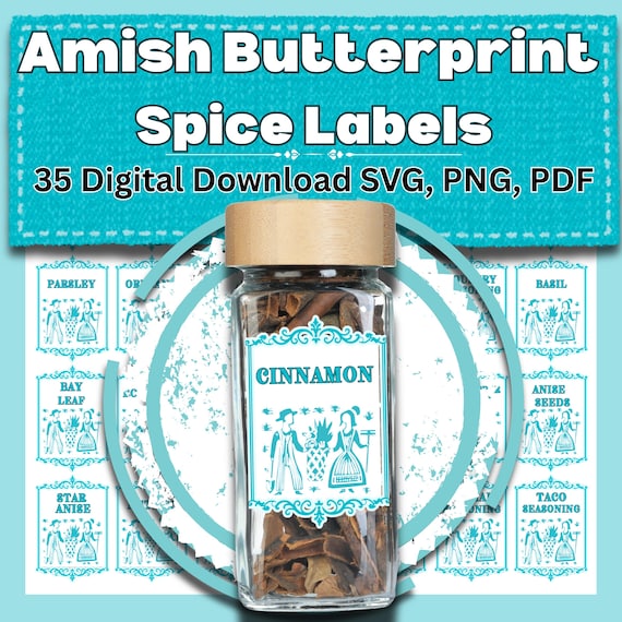 Pyrex Butterprint Spice Labels, Turquoise Amish SVG, Vintage Kitchen Pantry Stickers, Mid Century Retro Jar Decals, Digital Download