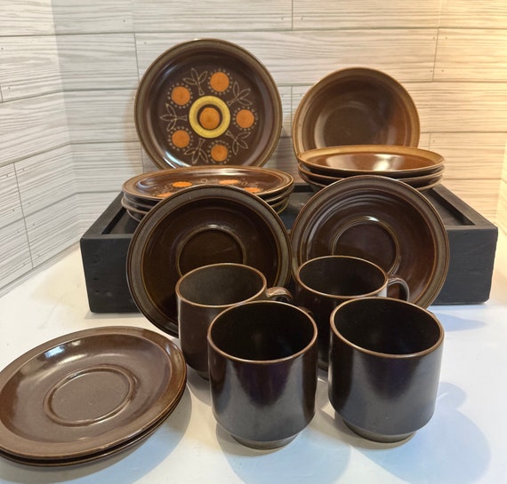 Vintage George Briard Aztec Dish Set, MCM Brown Dinnerware, 17 Pieces
