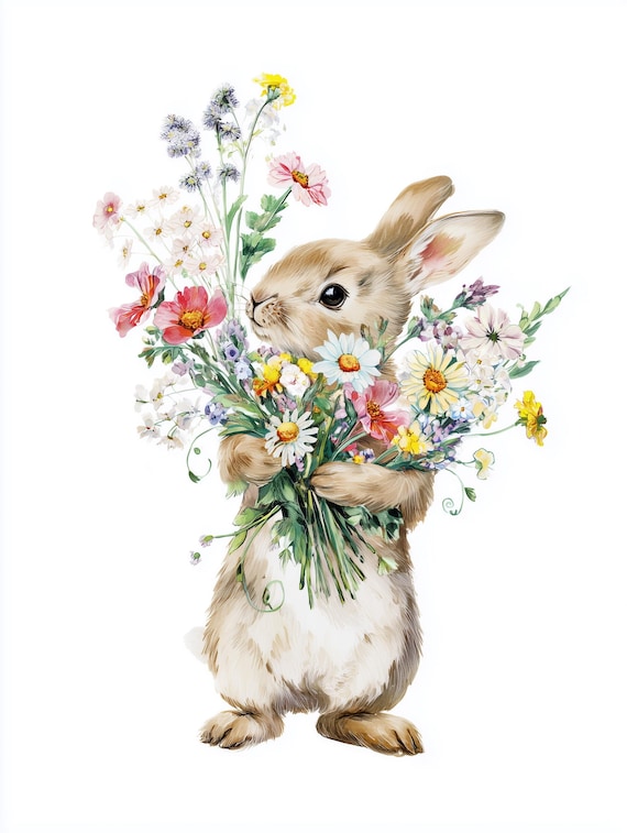 Cute Bunny Rice Paper for Decoupage, A4 Rabbit Wildflower Print, Spring Craft Paper for Furniture Upcycling, Scrapbook & Mixed Media DIY