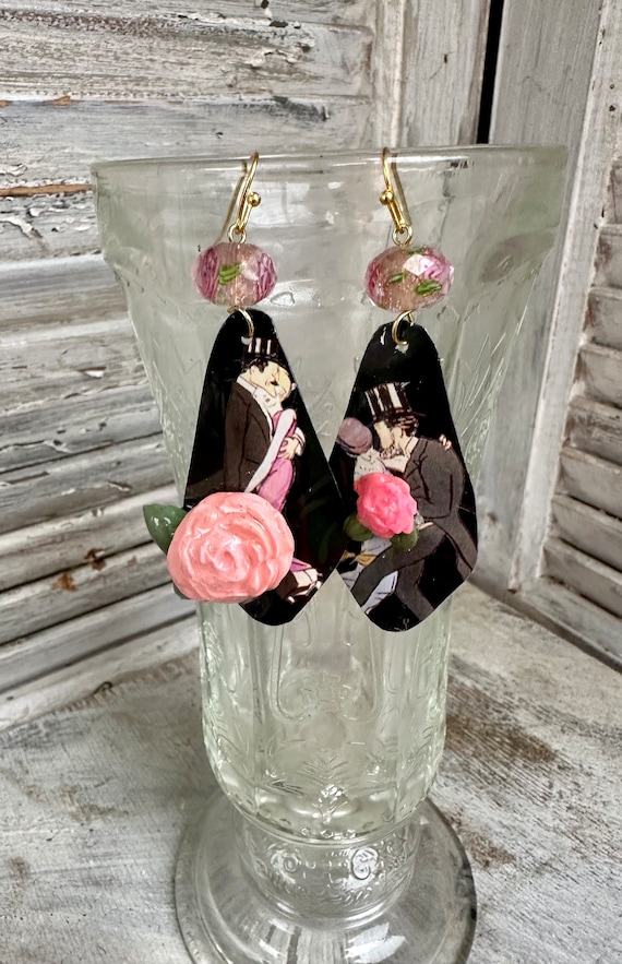 Roaring twenty’s Tin Jewelry Statement Earrings with 3D roses