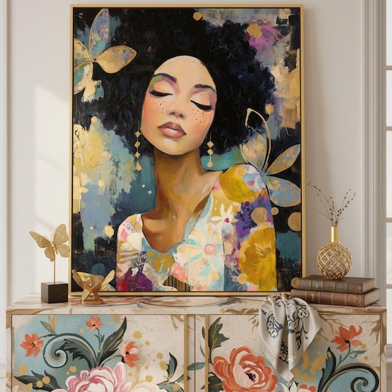 Black Woman Decoupage Paper, Abstract Mixed Media Art, Gold & Butterflies, A4 Rice Paper for Furniture Upcycle, Junk Journal, Home Decor