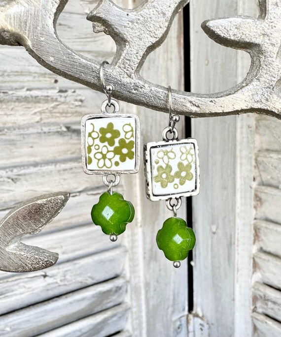 Spring Blossom Corelle Plate Earrings, Repurposed China Jewelry