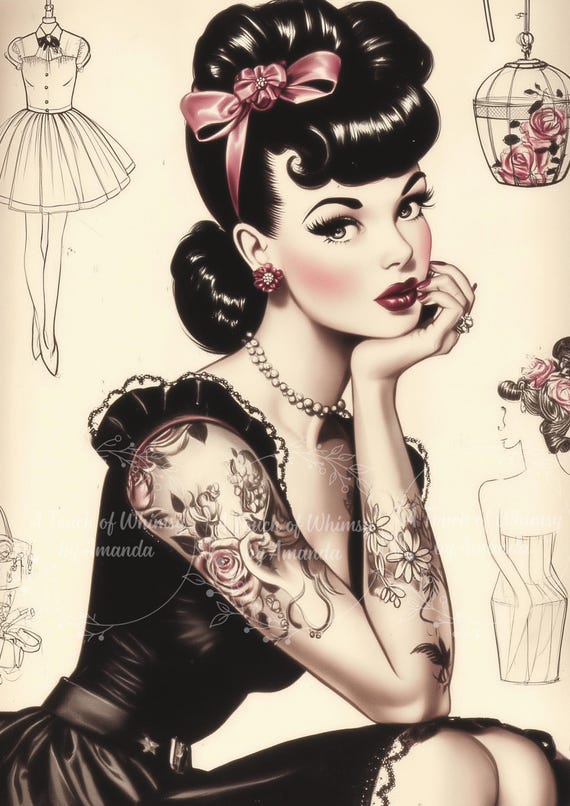 Retro Rockabilly Pink Ink Pin-Up Vintage Tattoo Girl Decoupage Tissue and A4 Rice Paper