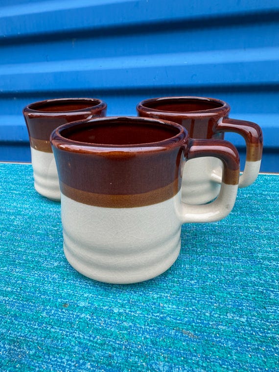 Vintage Stoneware Mugs, Brown and Cream Stripe, Set of 3