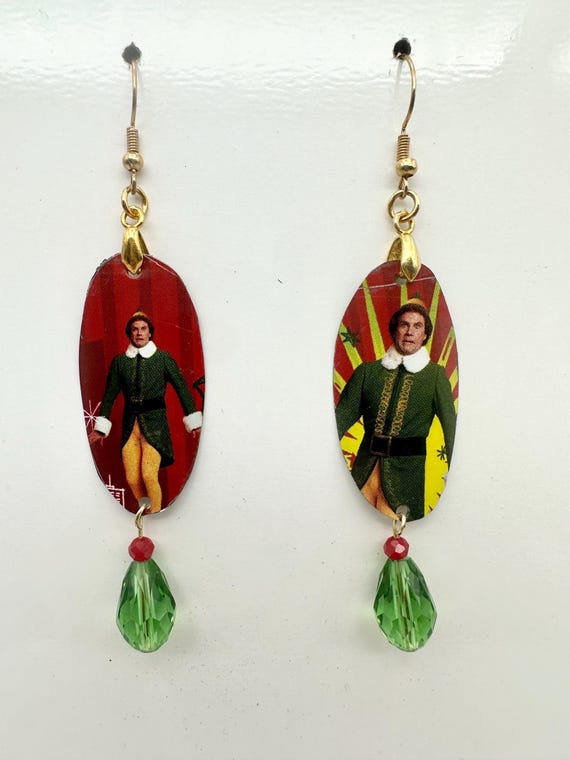 Buddy the Elf Upcycled Tin Earrings made from a Cookie Tin