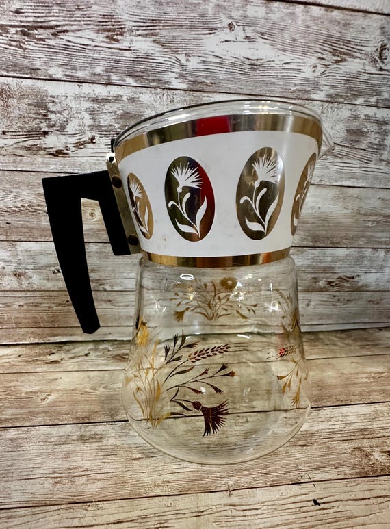 VTG David Douglas Flameproof Glass Coffee Pot Atomic Carafe Gold Floral MCM