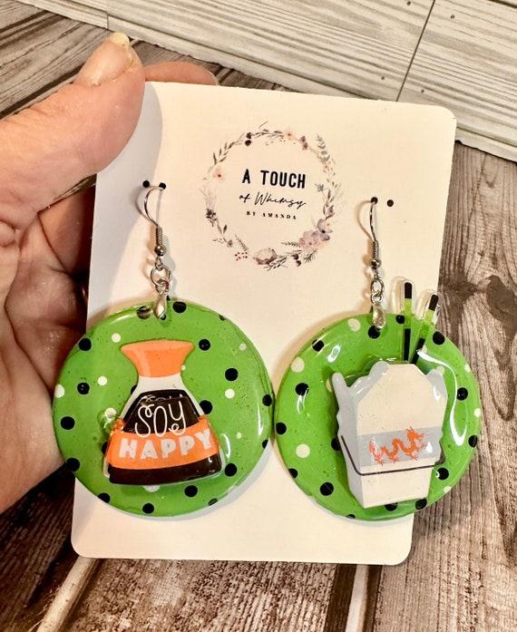 One of a kind wood and resin Soy bottle and Chinese takeout box earrings
