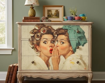 Retro Ladies in Hair Curlers Decoupage Paper 3 sheets - Funny Gossip Art for Furniture Upcycling, Mixed Media & Vintage DIY Home Decor Gift