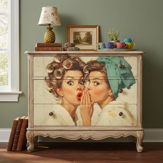 Retro Ladies in Hair Curlers Decoupage Rice Paper A4 - Funny Gossip Art for Furniture Upcycling, Mixed Media & Vintage DIY Home Decor Gift