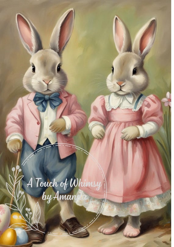 Rabbits Dressed for Easter Spring Decoupage and A4  Rice Paper