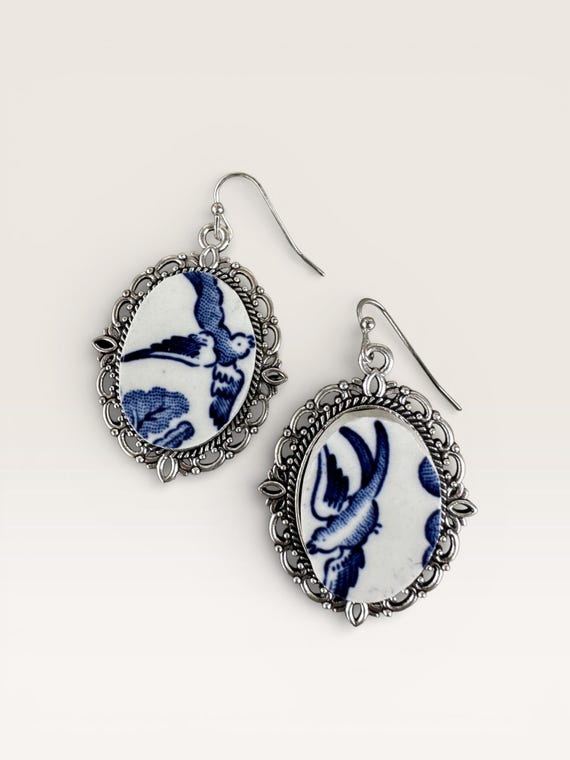 Churchill Blue Willow Earrings | Silver Alloy Bezel | Vintage Blue and White China | Broken China Jewelry | Chinoiserie Drop Earrings