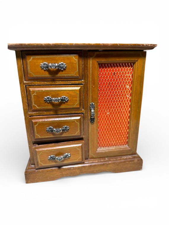 Vintage Wood Jewelry Box With Drawers & Door With Mesh Metal Yellow Velvet