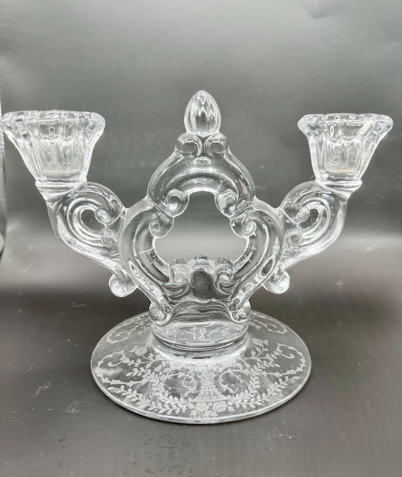 Vintage 1930-50 Cambridge Glass Rose Point Etched Base Double Candlestick