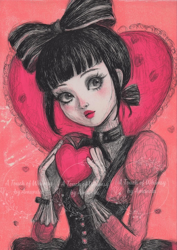 Cute Girl Valentine Sketch Art Print with Big Bow and Heart in Bold Pink and Black Decoupage Tissue and A4 Rice Paper