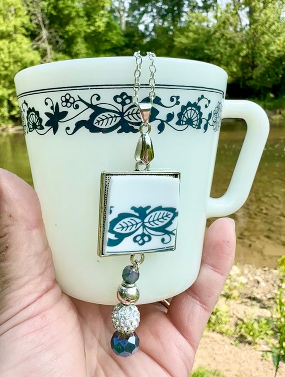 Old Town Blue Corelle Necklace, 1970s Jewelry, Broken China Pendant