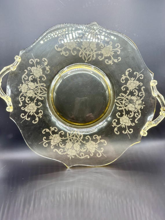 Vintage Lancaster Glass 11" pale yellow Handled plate, Depression Ware Glass