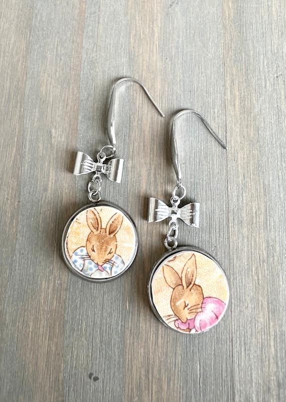 Royal Doulton Bunnykins Broken China earrings with Bow accents