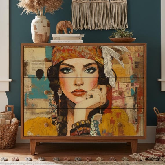 Boho Woman Decoupage Paper, A4 Rice Paper with Florals and Feathers, Rusty Yellow Art for Furniture and Crafts, Junk Journals