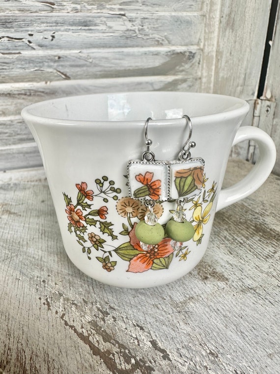Correlle Indian Summer Jewelry, 1970s Earrings, Broken China