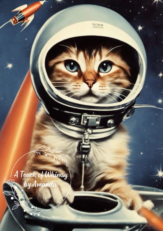 Space Cat Decoupage Paper - Astronaut Kitten - Rocket Ship - Galaxy Stars - Rice Paper Tissue - Sci Fi Art - Furniture Scrapbook DIY