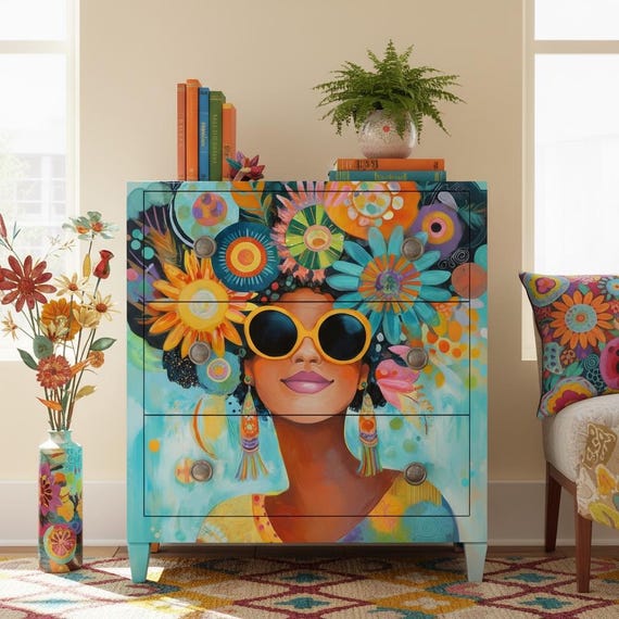 Black Woman Decoupage Paper, Funky Big Sunglasses, African American Art, Blue & Orange Floral, A4 Rice Paper for Furniture Upcycle
