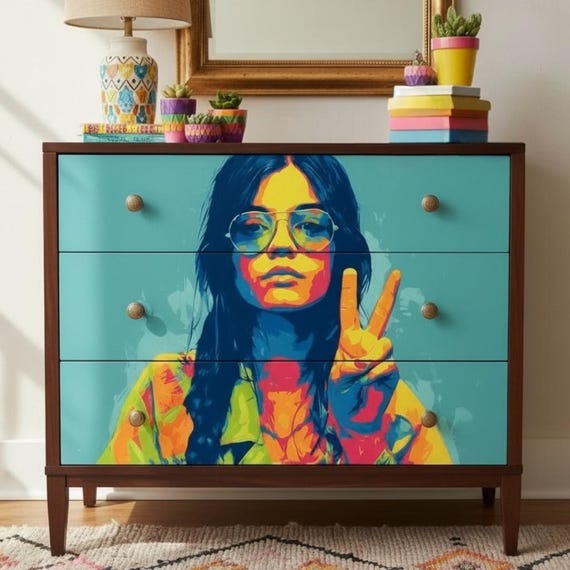 Bright Pop Art Woman Rice Paper, Funky Glasses Decoupage Sheet, Peace Sign Mixed Media A4, Bold Color DIY Upcycling, Modern Woman