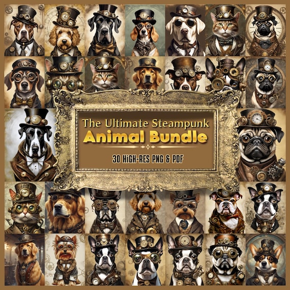 Steampunk Animal Bundle PNG, 30 Mechanical Dog Cat Illustrations | Victorian Industrial Digital Art |  Print on Demand