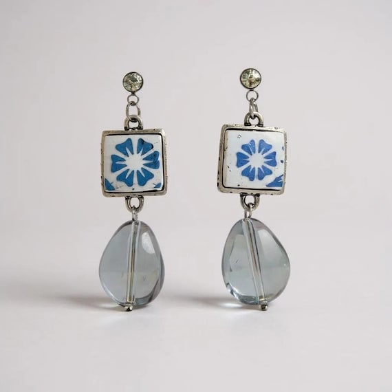 Unique 1970s Broken China Blue Cornflower Corningware Drop earrings