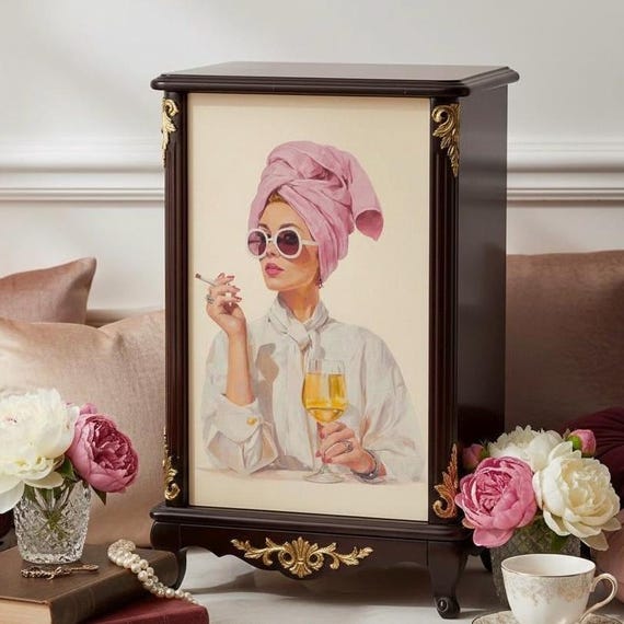 Glamorous Lady with Hair Towel Decoupage Rice Paper A4 - Wine & Sunglasses Art for Furniture Upcycling, Mixed Media Diva DIY Home Decor