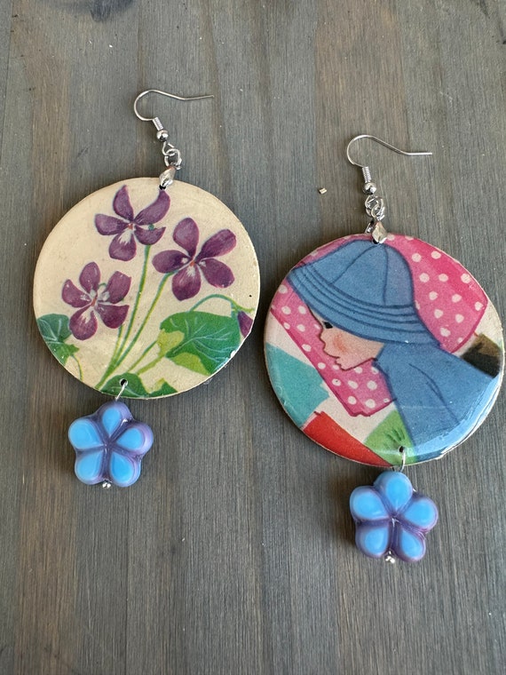 Adorable Vintage Children’s book Wood Earrings /April showers/spring/violets