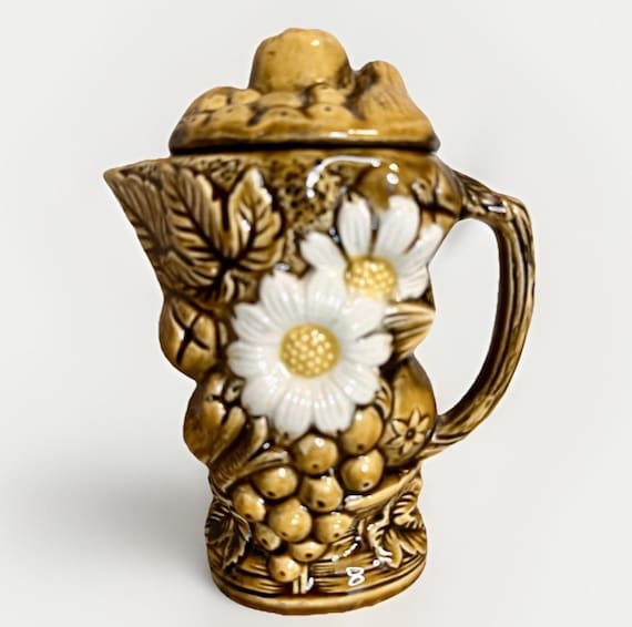 Vintage Japan Daisy Flowers Fruit and Vegetable Olive Green Ceramic Pitcher
