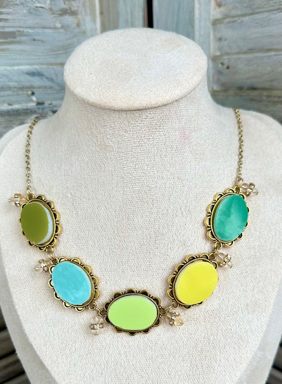 Multiple tile Vintage Pyrex Statement Gold Necklace