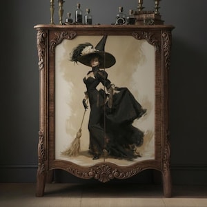 May include: A wooden cabinet with ornate carved details featuring a large printed illustration on its two doors. The image depicts a figure in a black gown and a wide-brimmed pointed hat holding a broomstick against a light beige background.