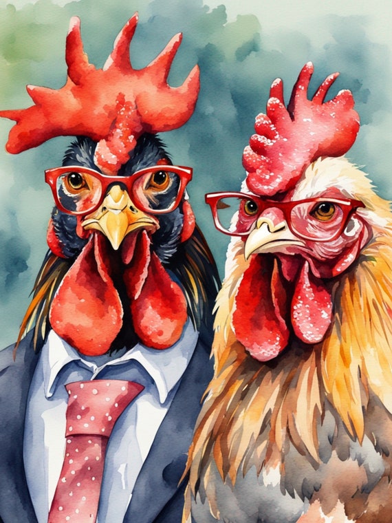 Funny Chicken Decoupage Paper - Rooster in Glasses - Rice Paper A4 - Whimsical Farmhouse - Fashion Animal - Shabby Chic - Furniture Upcycle